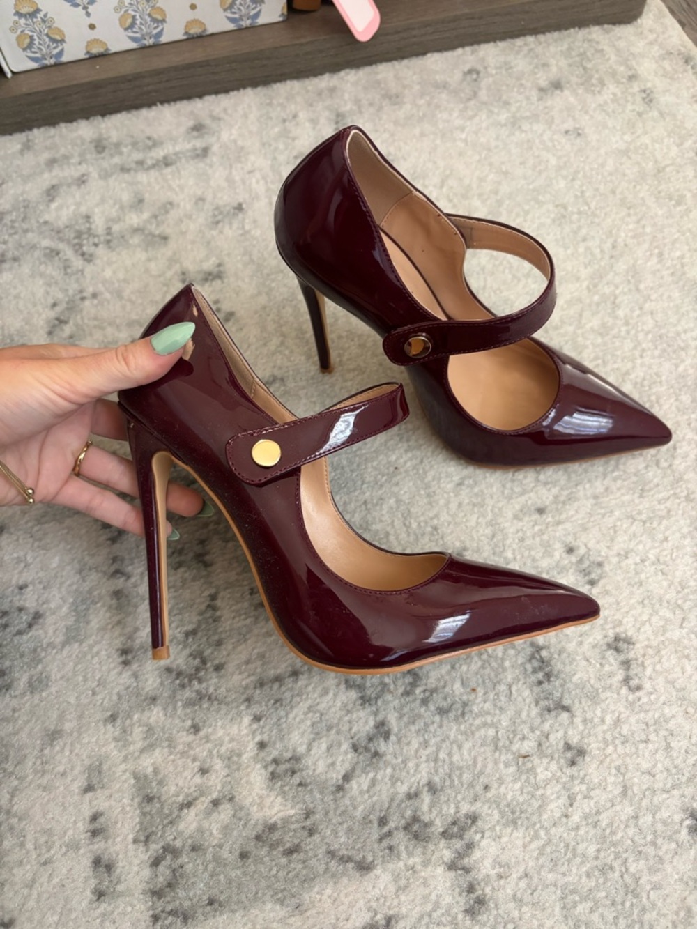 Patent Leather Mary Jane Pumps in Deep Burgundy/Red